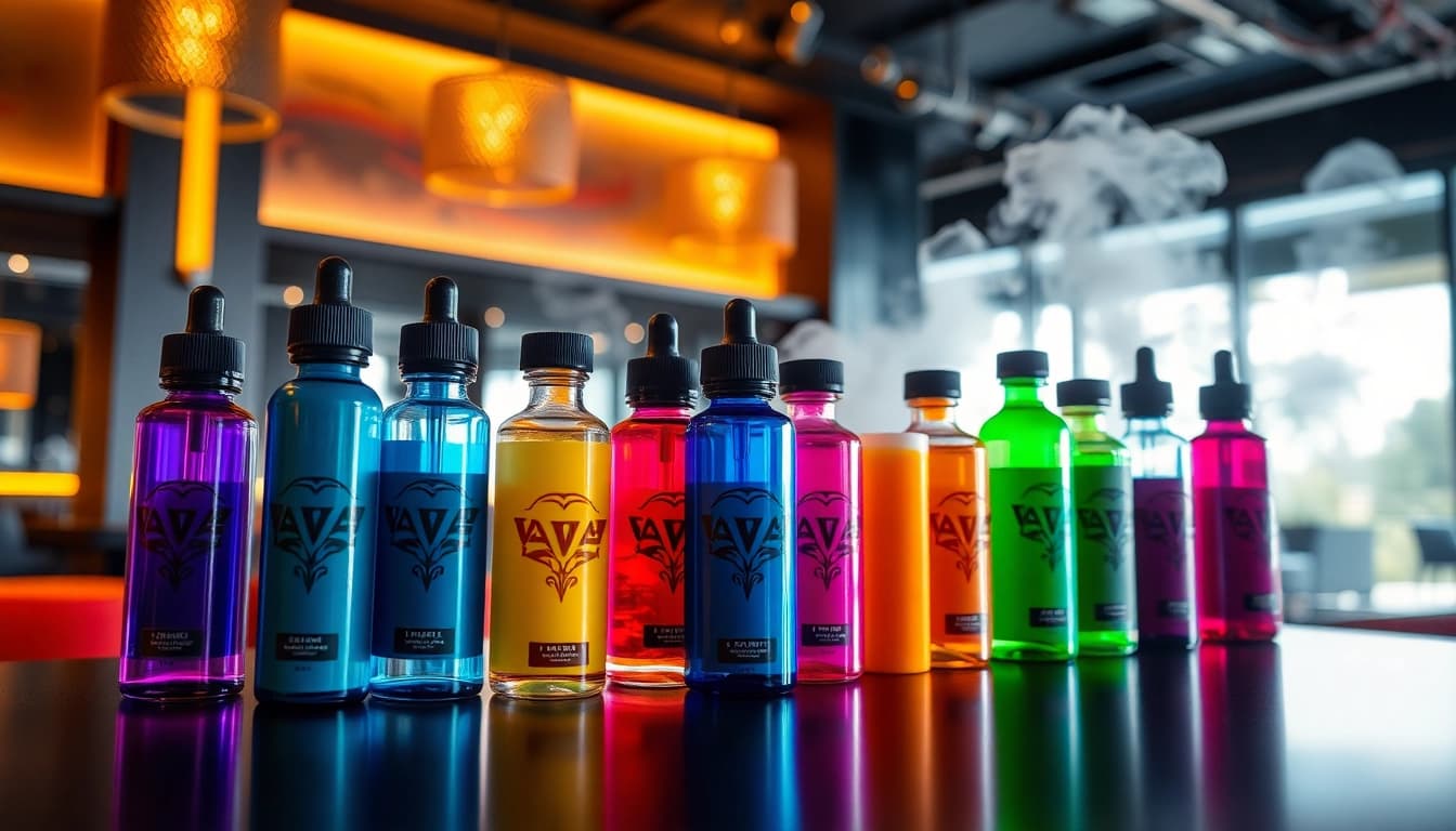 Showcase vibrant vape & e-liquids in a modern setting, highlighting colorful bottles and a relaxed atmosphere.