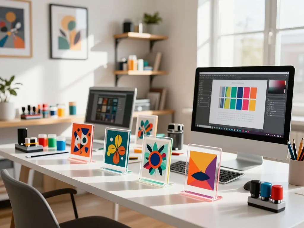 Custom acrylic standees featured in a vibrant e-commerce workspace, showcasing creativity and design.