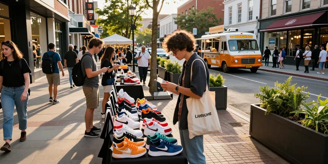 A stylish shopper at https://shs-dome5.com/ exploring vibrant replica sneakers in a lively outdoor market.