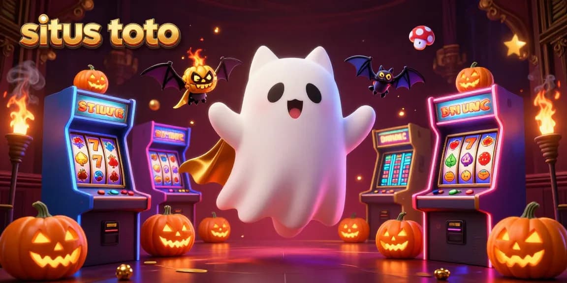 Experience situs toto in this vibrant casino scene featuring a friendly ghost cat and dynamic gaming elements.