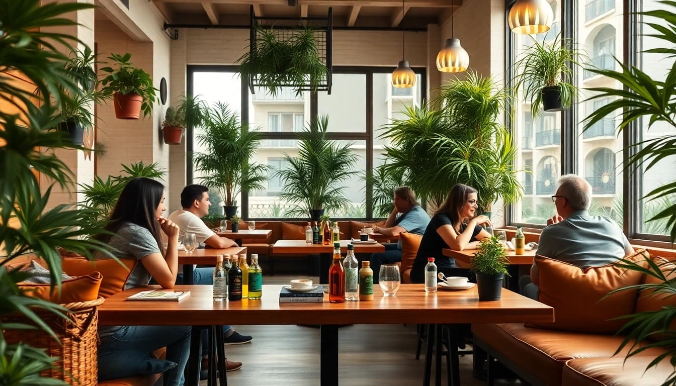 Engaging scene of a social club Madrid with members enjoying cannabis and a cozy atmosphere.