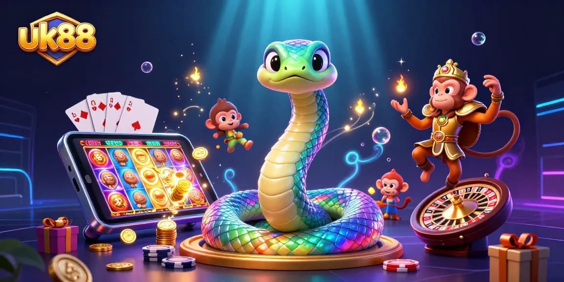 Engage in exciting games at uk88 with a vibrant 3D illustration featuring dynamic elements and characters.