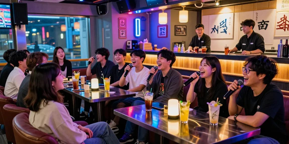 Experience 제주유흥 at a lively Jeju bar, where groups sing karaoke under neon lights.