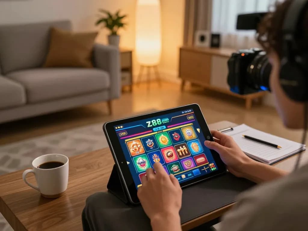 Playing games on zx88 com tablet in a cozy living room environment, showcasing responsible gaming