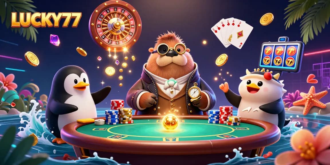 LUCKY77 underwater casino scene with a walrus at a poker table, showcasing vibrant gaming elements.