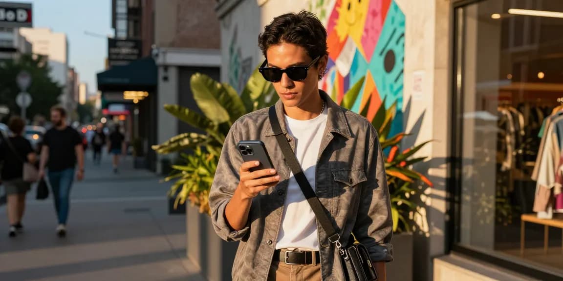 Individual browsing https://shs-dome5.com/ trends in vibrant urban fashion, surrounded by street art.