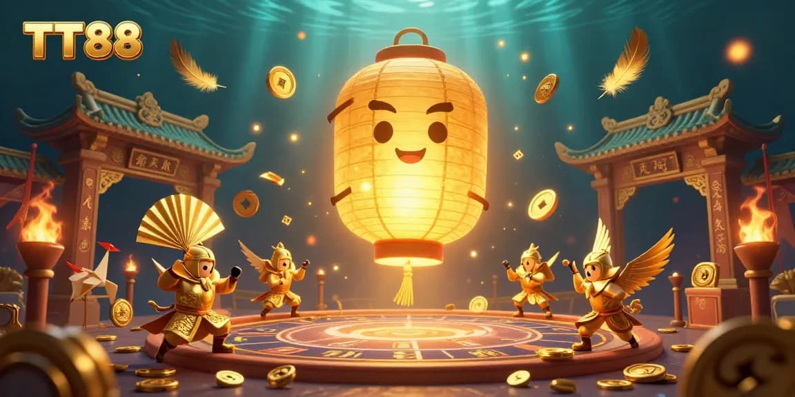 Engage in thrilling gameplay at TT88, featuring an enchanting 3D illustration of a golden lantern spirit and paper fan warriors amidst a vibrant casino scene.