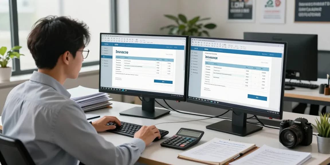 Detect fraud invoice analysis in a modern office with screens showing suspicious invoice examples.