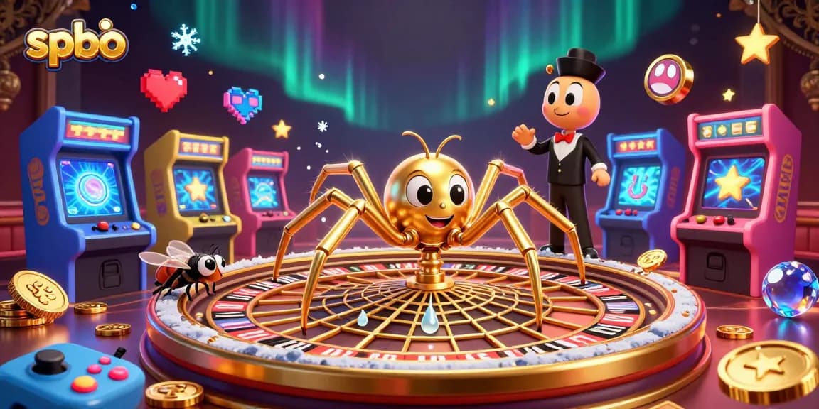 Engage with spbo's exciting gaming scene, showcasing a golden spider roulette and lively characters.