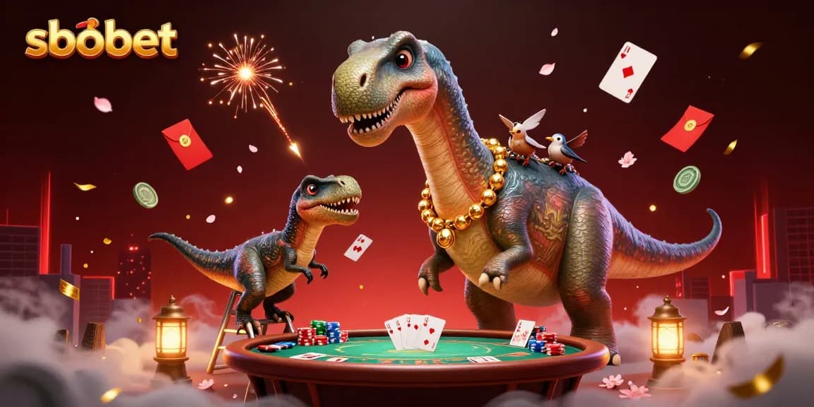 Experience thrilling poker action with sbobet in 3D, featuring dynamic dinosaur gaming scene.