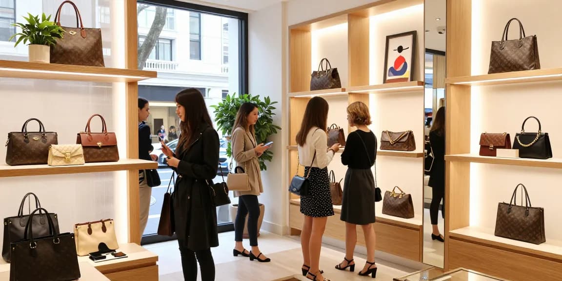 High-quality 레플리카 accessories displayed in an upscale urban boutique, showcasing luxury shopping.