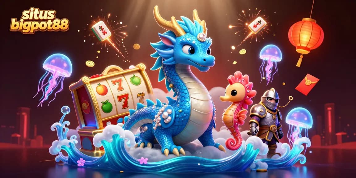 Join the fun at situs bigpot88 with a vibrant casino scene featuring a dragon, seahorse knight, and slot games.