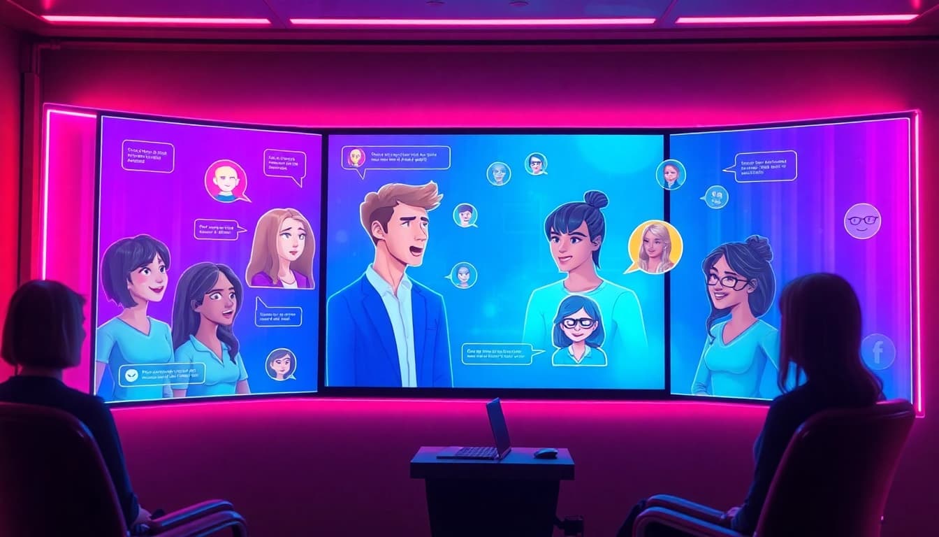 Engaging AI porn chat interface with avatars and vibrant neon colors.