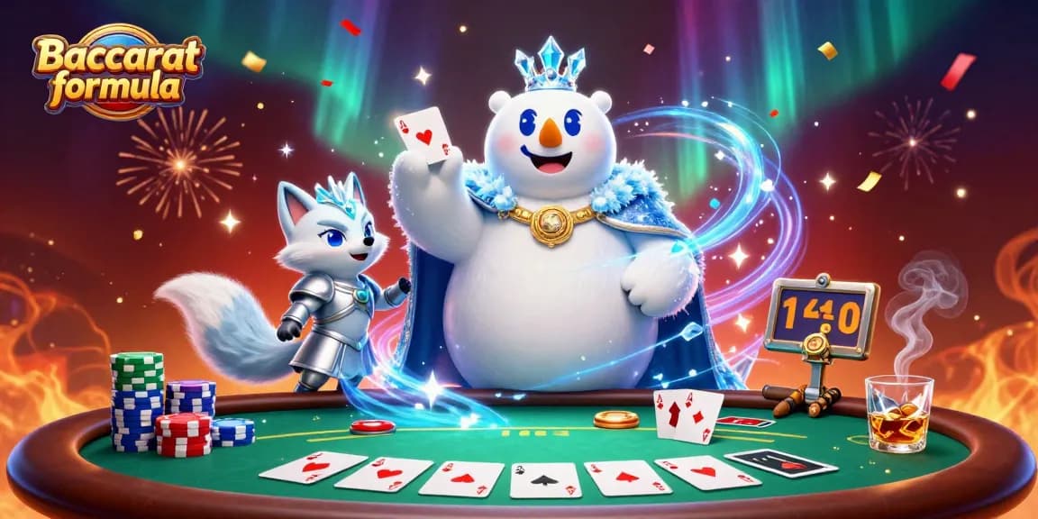 Experience the Baccarat formula with a lively 3D casino scene featuring a royal polar bear and snow fox.