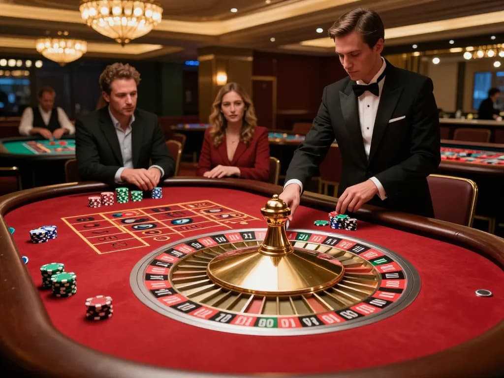 Play roulette at 388bet, observing chips and dealer spinning the wheel in a luxurious casino setting.