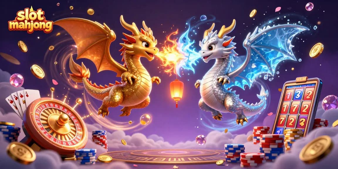 Experience slot mahjong excitement with golden dragons, cascading coins, and vibrant casino elements.