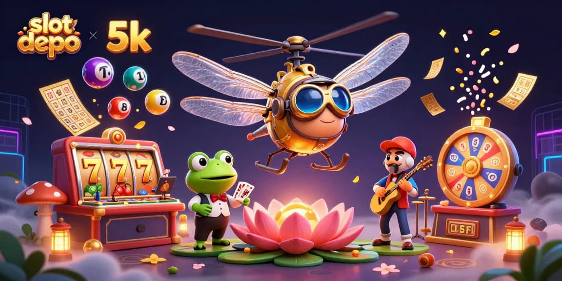 Play thrilling slot depo 5k with vibrant characters and dynamic casino elements in this engaging 3D illustration.