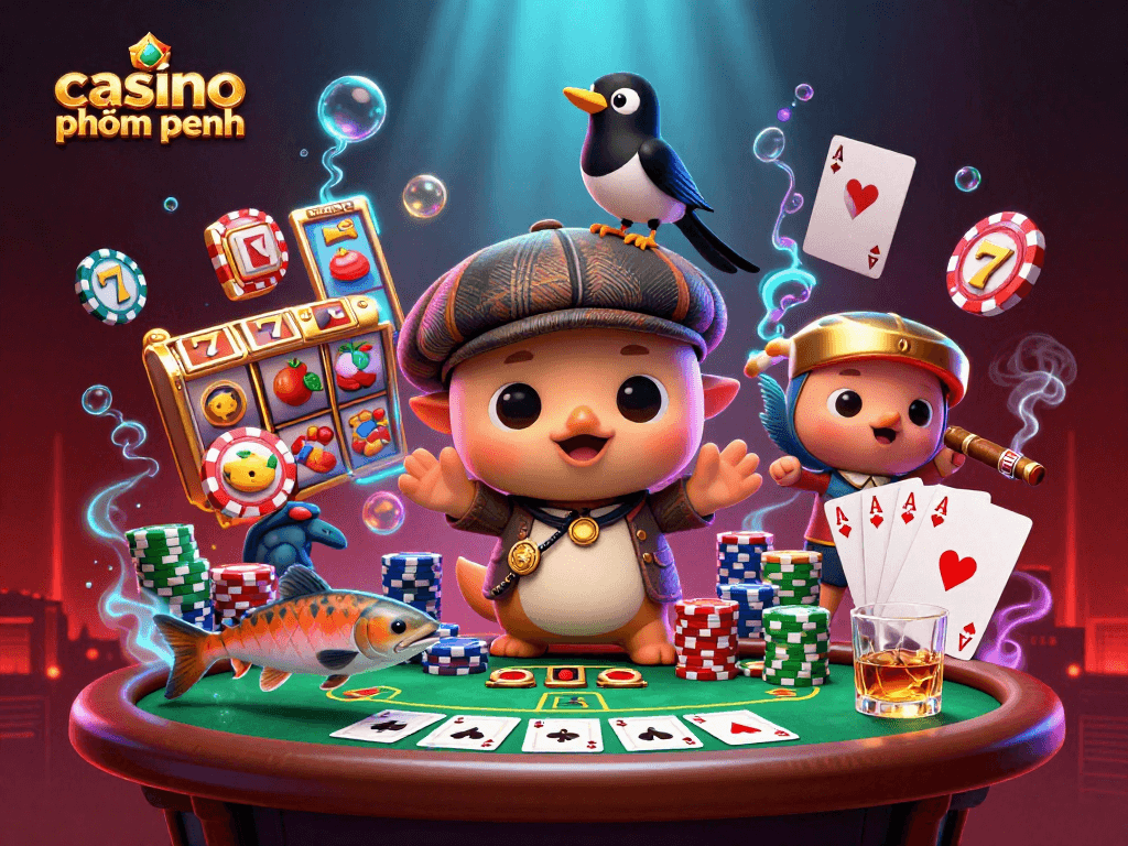 Spin the reels in a lively casino phnom penh scene with engaging slot symbols and vibrant characters.