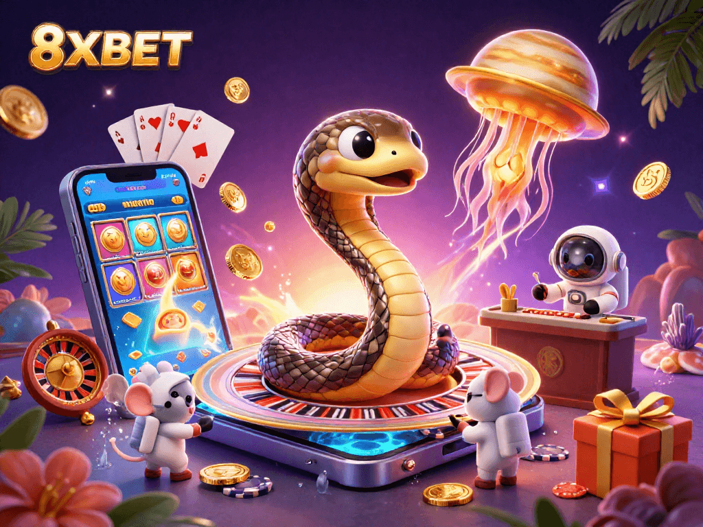 Experience thrilling moments at 8XBET with a colorful cosmic casino scene and vibrant gaming elements.