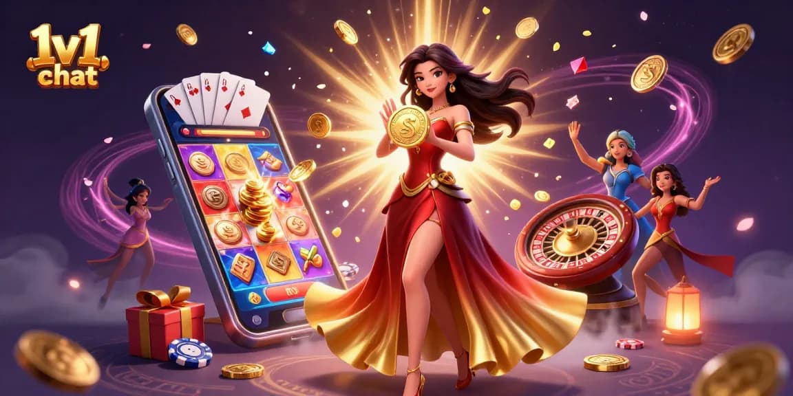 Engage with 1v1 chat and vibrant casino-themed visual of a stunning Asian woman in gradient gown.