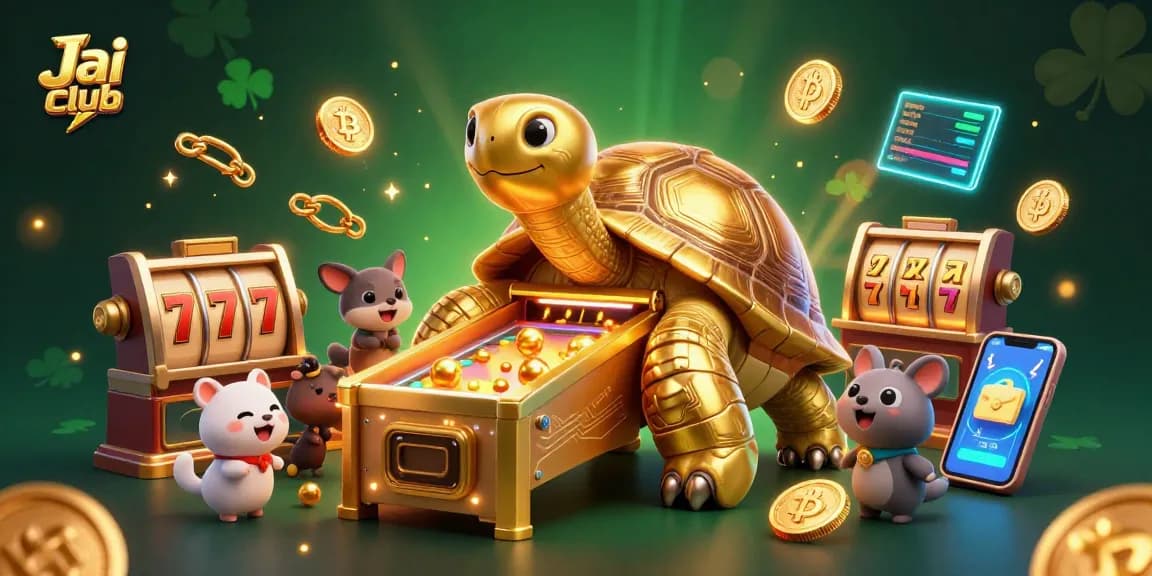 Play thrilling games at Jai club with giant tortoise pinball machine and vibrant slot elements.