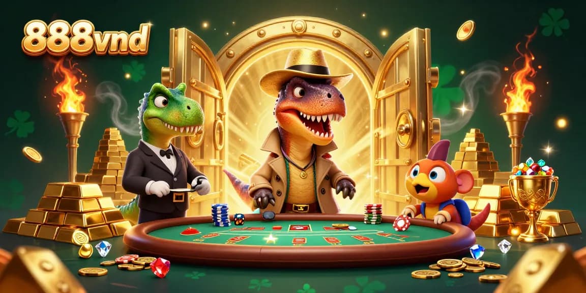 Watch the 888vnd velociraptor card counter navigate a blackjack table, surrounded by treasure and intrigue.