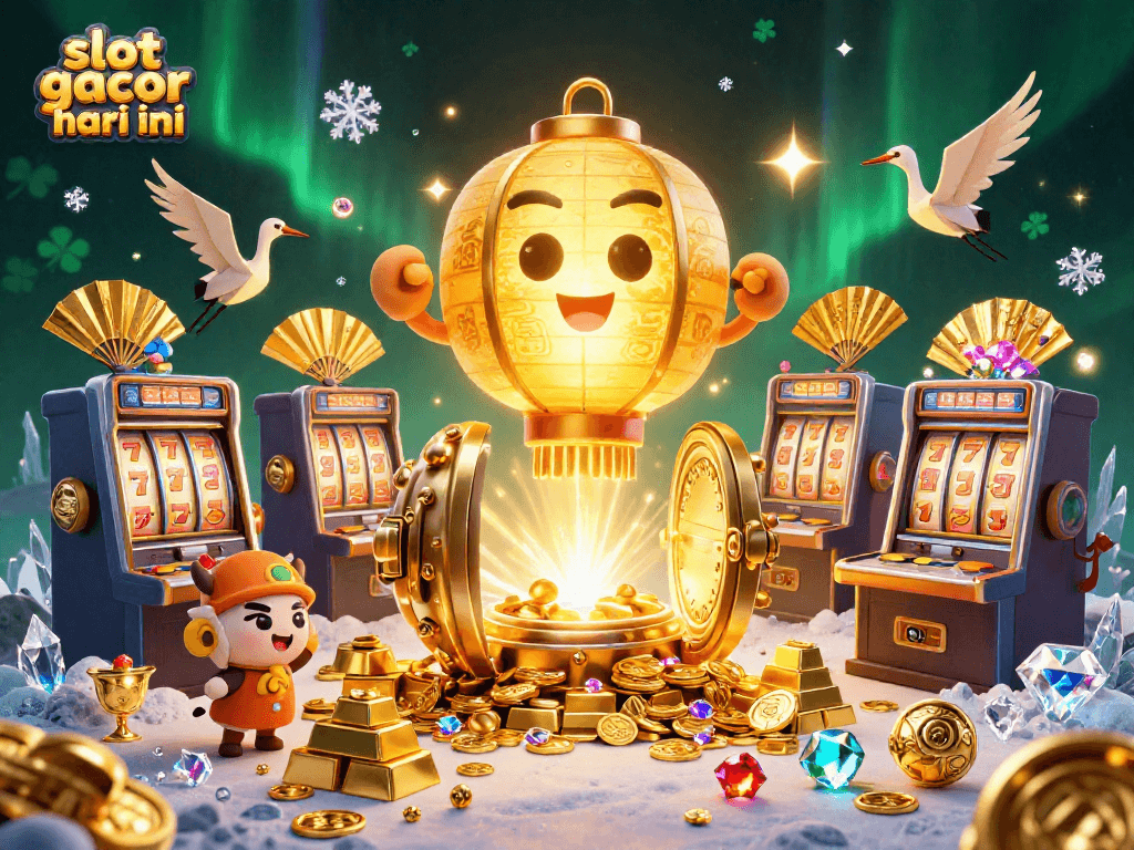 Engage with slot gacor hari ini in a vibrant casino scene featuring dynamic 3D characters and sparkling treasures.