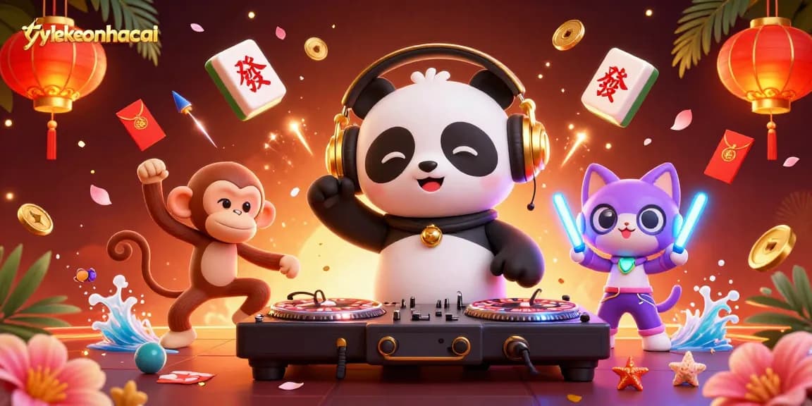 Engage with tylekeonhacai in an energetic casino illustration featuring vibrant characters and dynamic gaming elements.