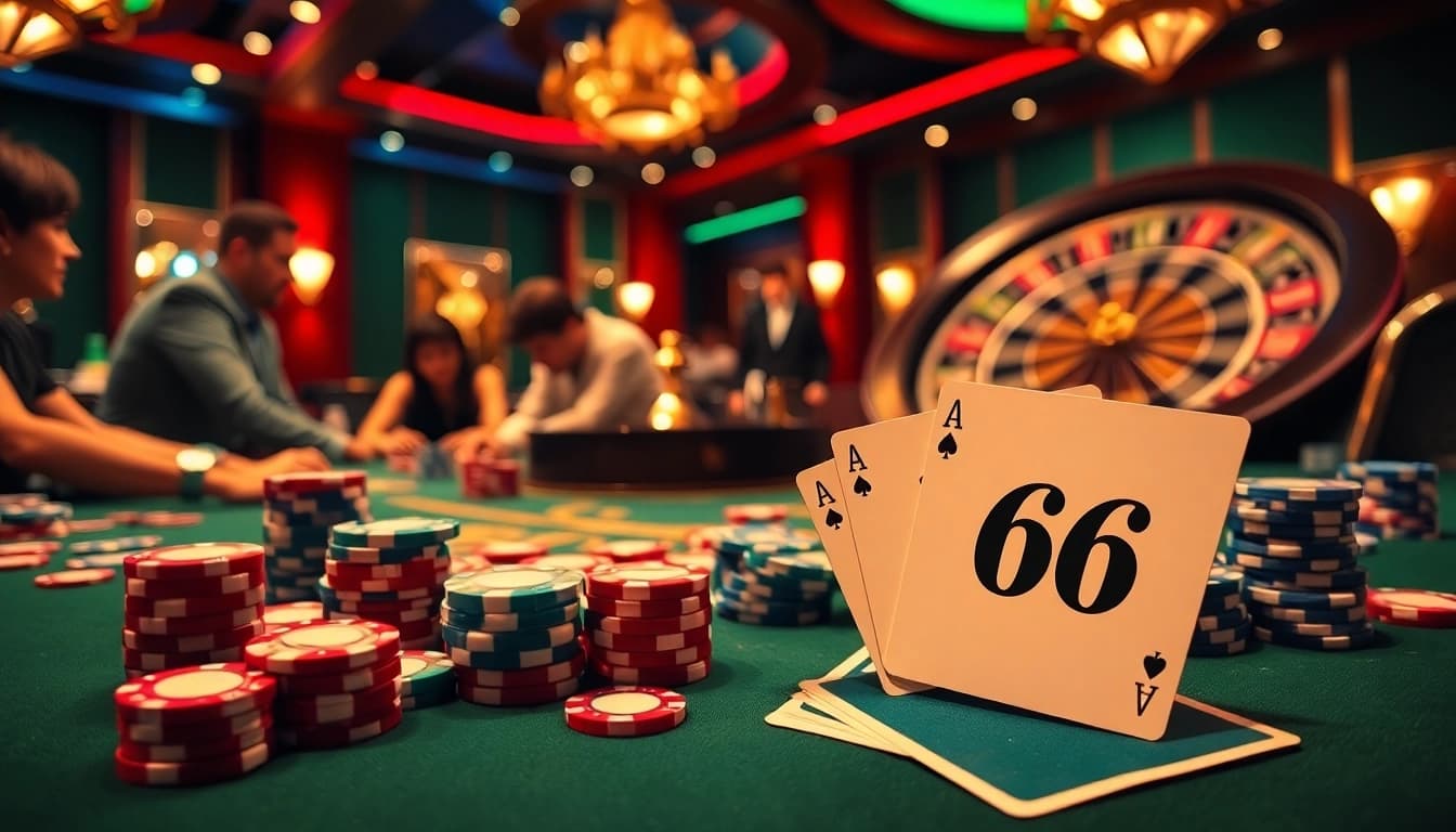 Players enjoy intense poker action at PG 66 casino, surrounded by vibrant poker chips and a roulette wheel.