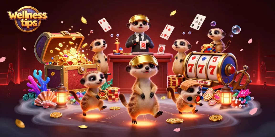 Engaging wellness tips from playful meerkats in a vibrant, casino-themed illustration.