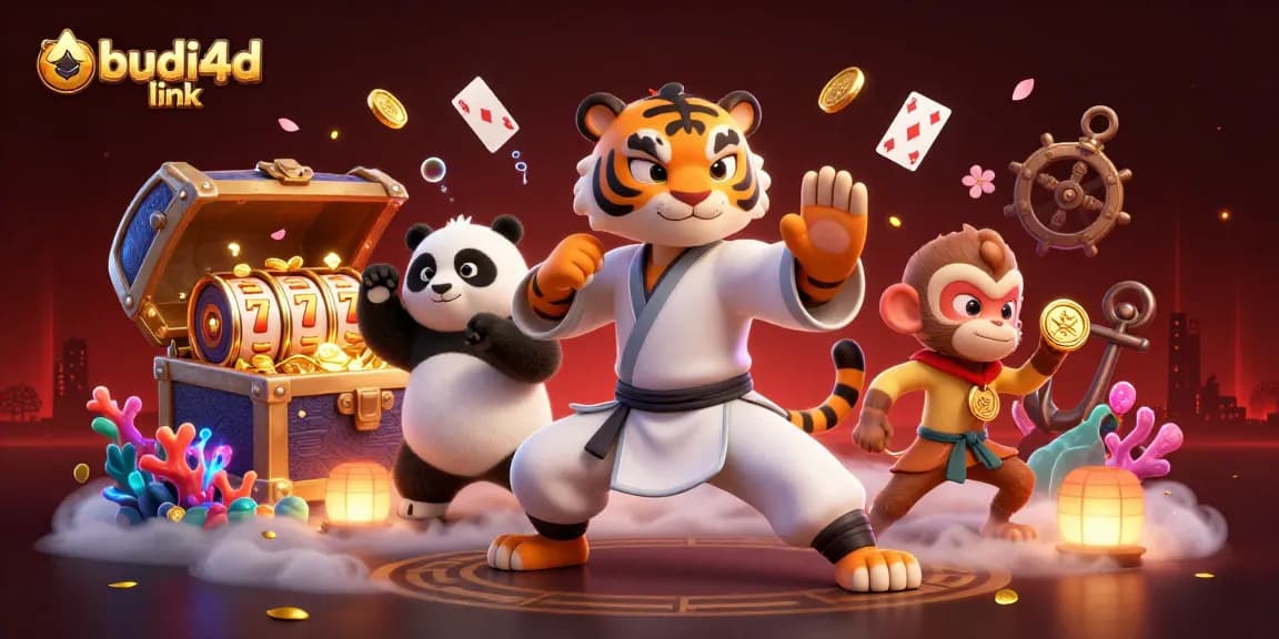 BUDI4D link showcases an exciting slot experience with a kung fu tiger, a panda, and a mischievous monkey.