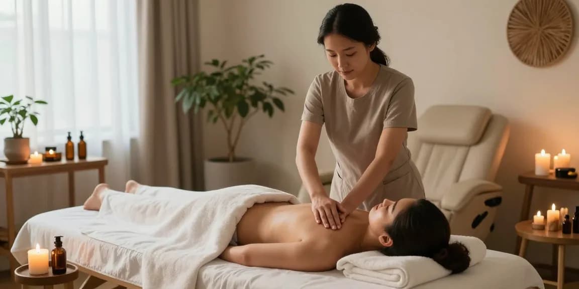 Relaxing 스웨디시 massage scene in a calming wellness studio with natural light and soothing decor.