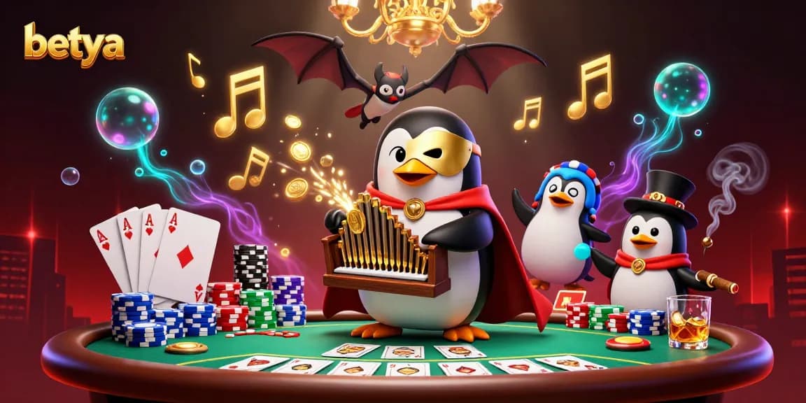 Engage with betya's vibrant scene featuring a penguin organist and a bat acrobat amidst golden coins.