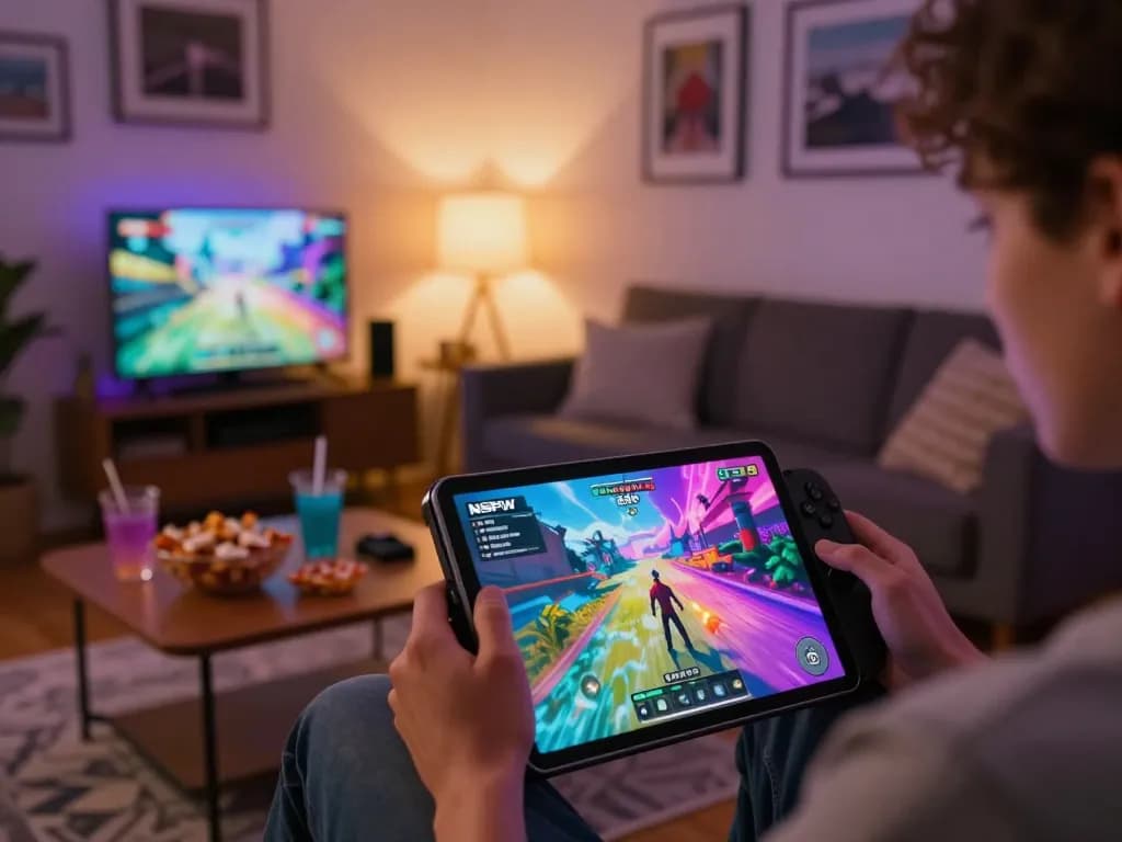 Engaging scene of a person playing nsfw games apk on tablet amidst cozy home decor