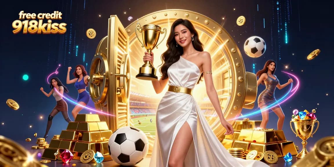 Win big with free credit 918kiss in a vibrant casino atmosphere featuring golden treasures and trophies.