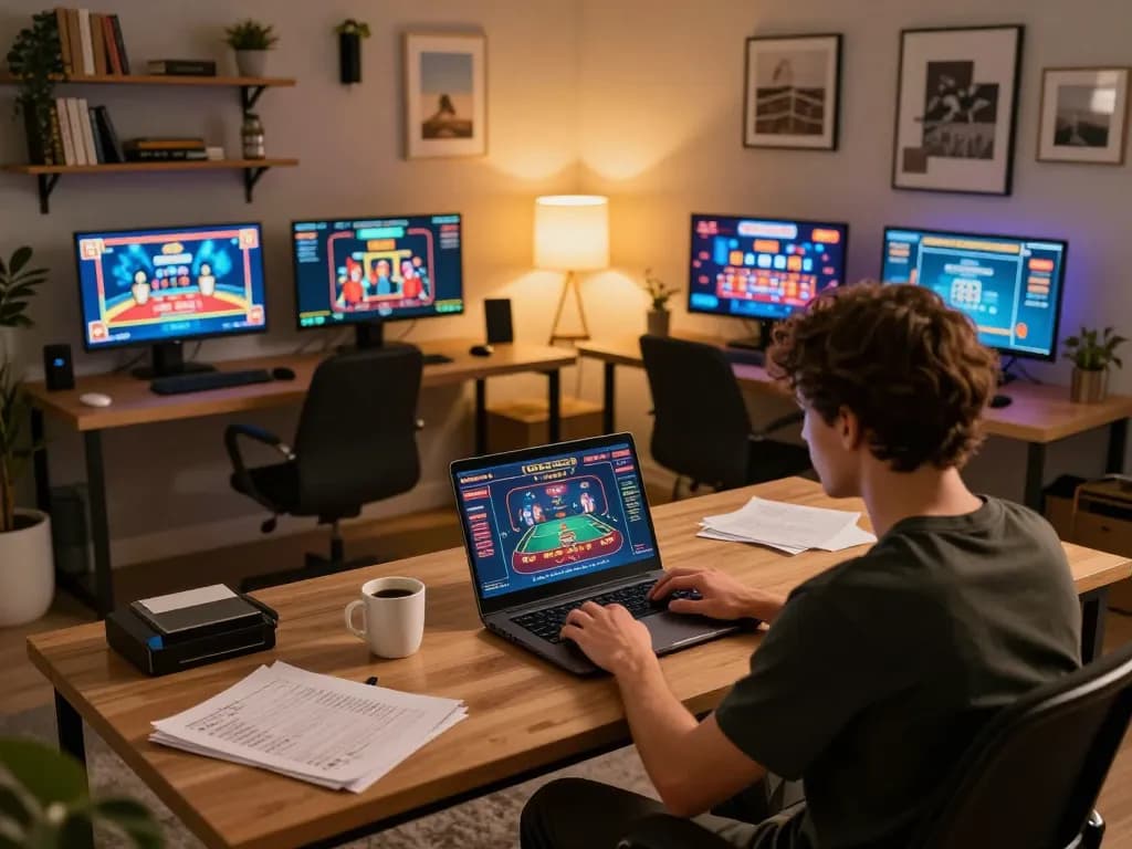 Experience online poker gameplay at 77WIN with immersive gaming setup and strategic notes.