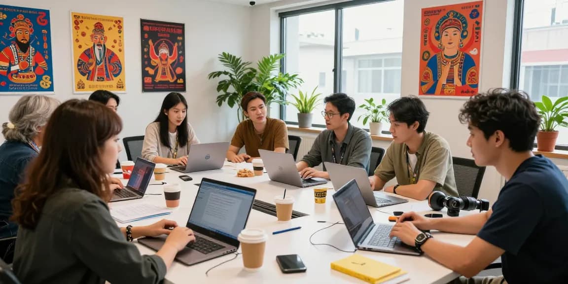 Engaging cultural content creation at https://hanadultalk.com with a diverse group collaborating.