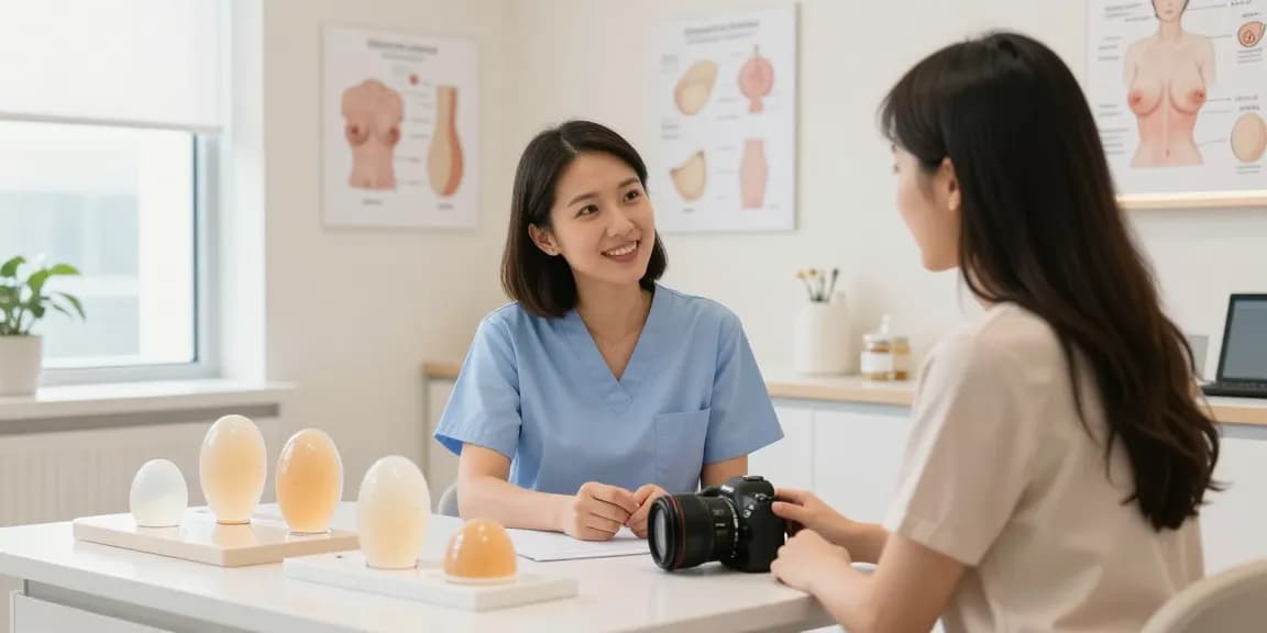Breast augmentation Toronto consultation with patient and aesthetician discussing options.
