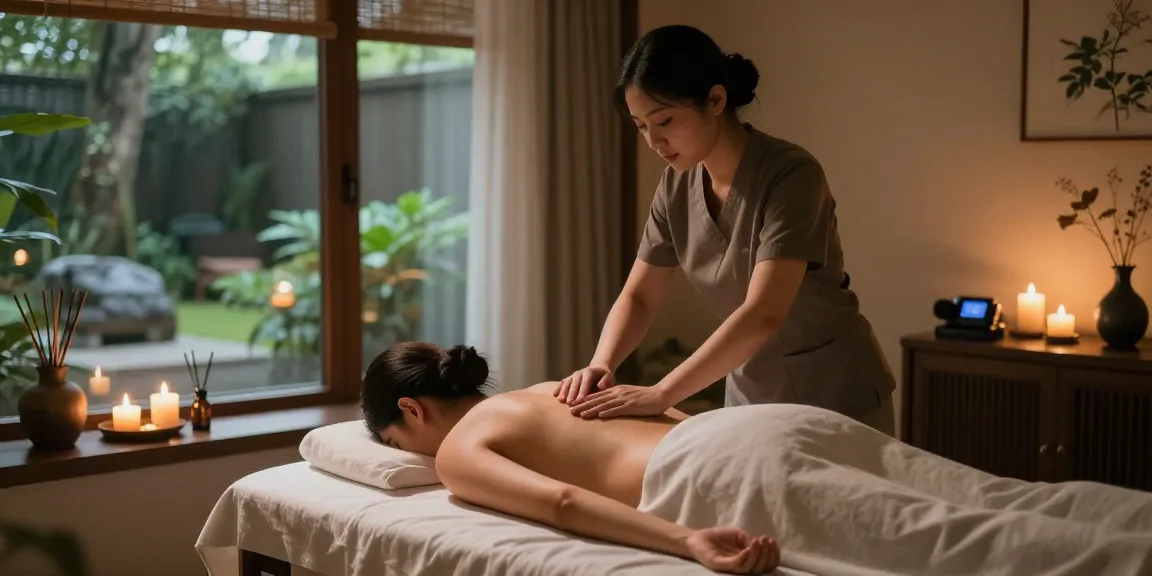 Relaxation atmosphere during a 구로마사지 session with therapist and serene spa setting.