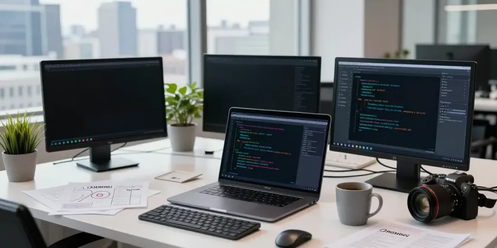 Developer coding in a modern workspace, showcasing hidden wiki onion links and technology.