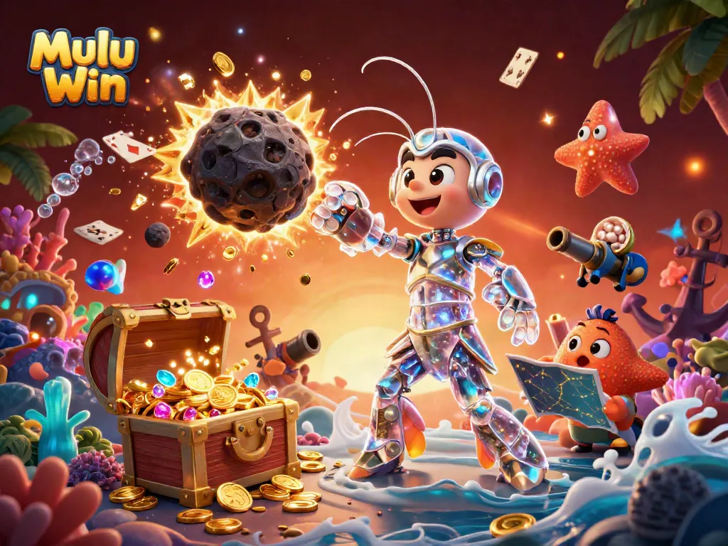 Mulu Win showcases a galactic samurai mantis shrimp amidst exploding treasures, emphasizing vibrant casino excitement.