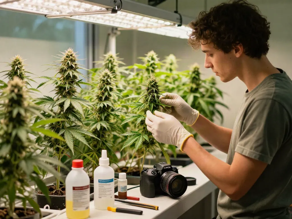 Dedicated grower examining male and female cannabis seeds in a vibrant indoor garden.