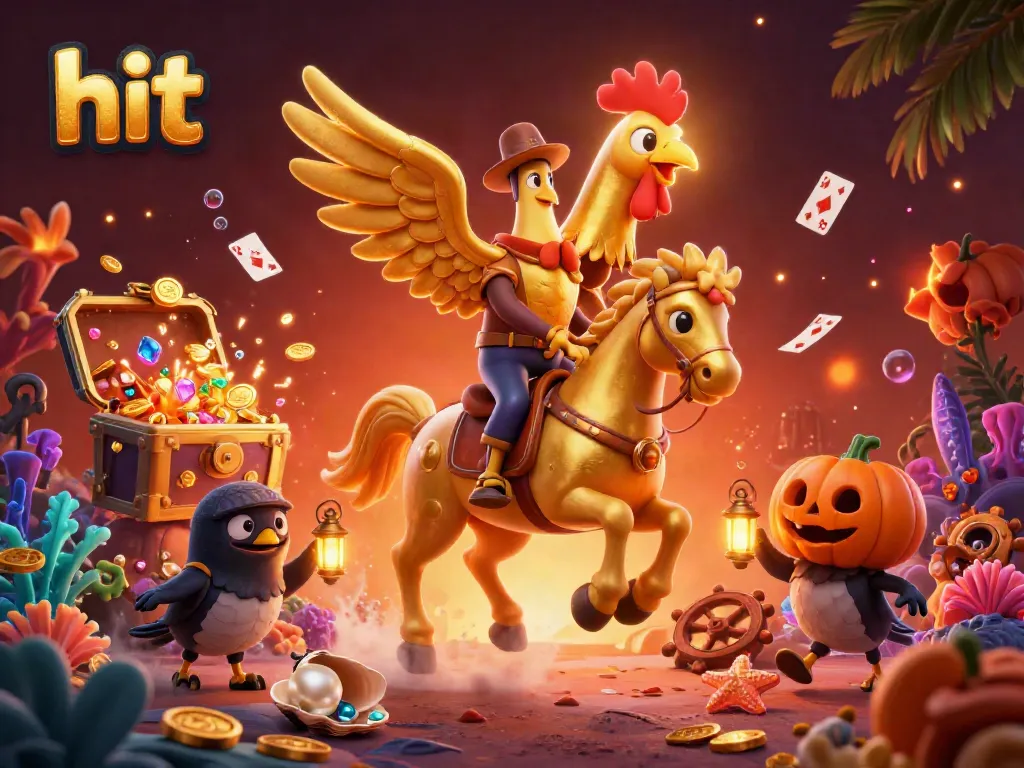 Hit the jackpot with a golden rooster character in a vivid casino scene featuring treasure and vibrant elements.