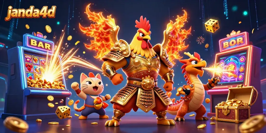 Janda4d menyajikan ilustrasi 3D bertema kasino dengan simbol permainan yang dinamis dan mendebarkan.