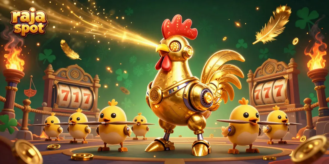 Raja slot menghadirkan jackpot spektakuler dengan karakter robot ayam emas dan drone anak ayam dalam suasana kasino yang menakjubkan.