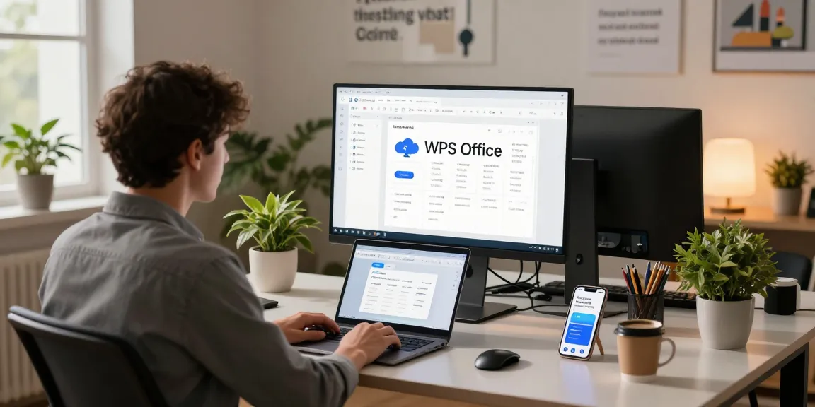 Download WPS Office in a modern workspace, user engaging with productivity tools on desktop and laptop.