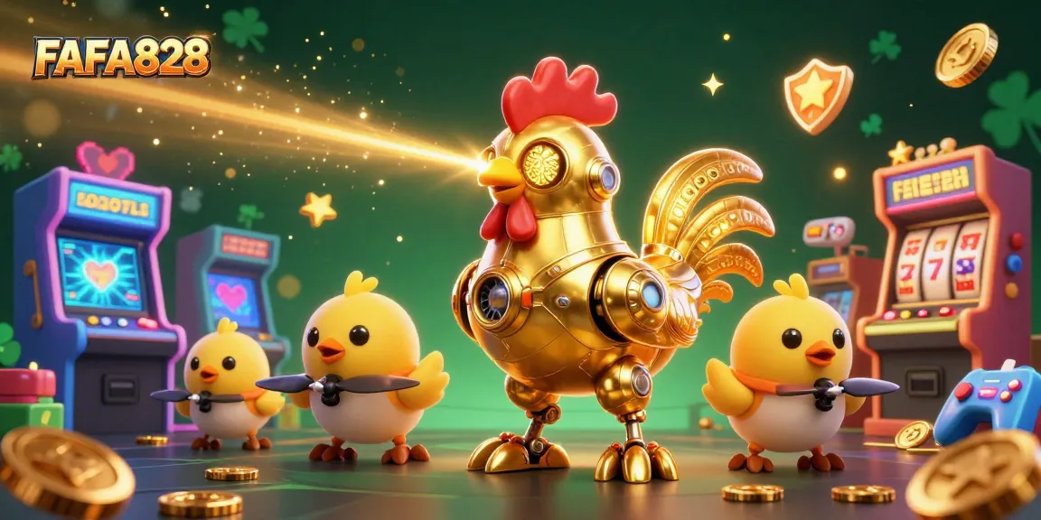 Experience exciting gaming action with FAFA828's vibrant 3D casino scene featuring a golden rooster robot.