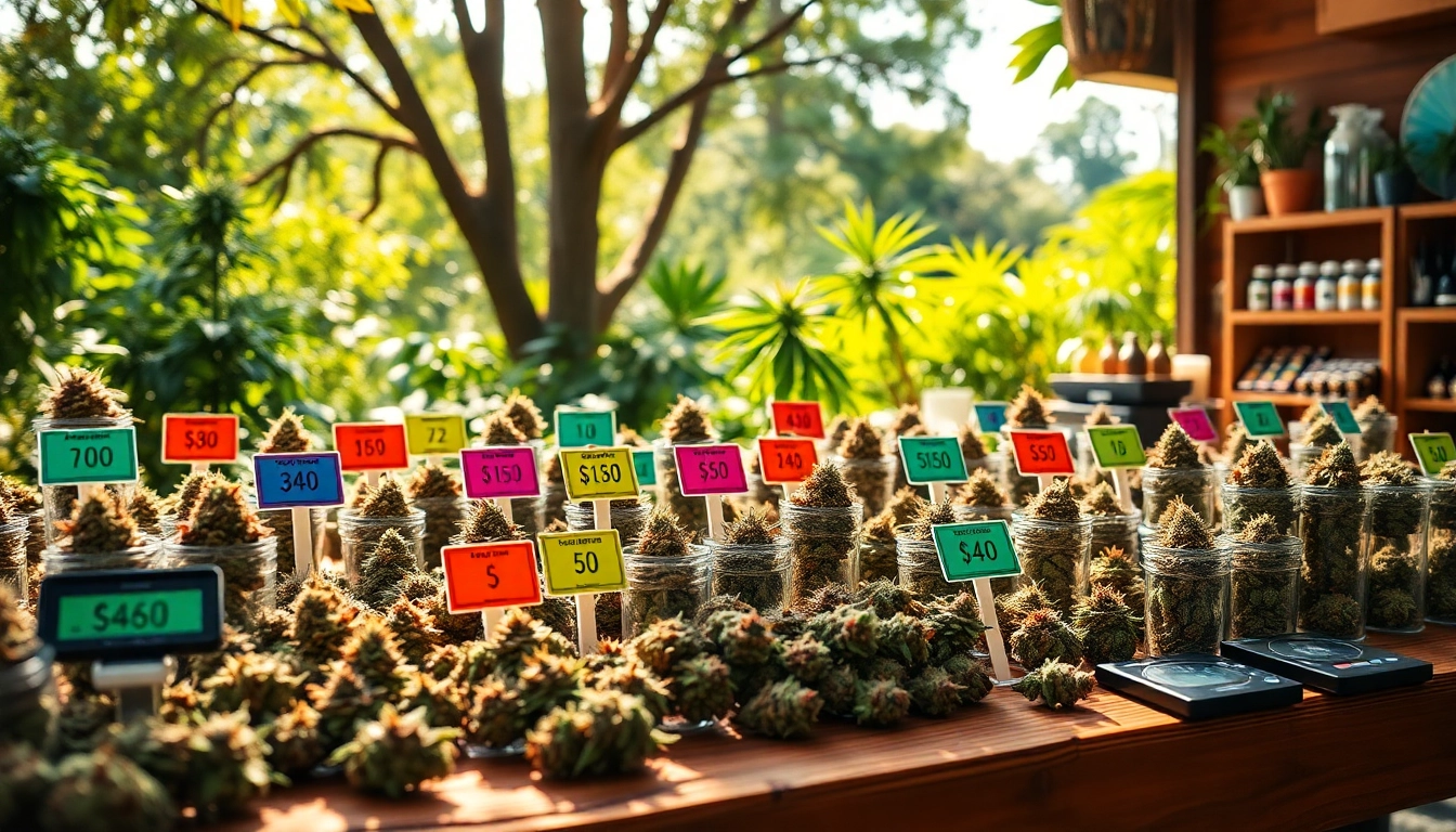 See buying weed prices visually represented in a lively marketplace with various strains.