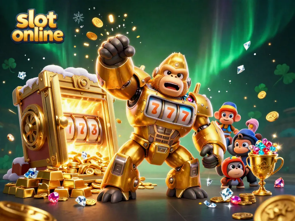 Experience thrilling slot online action with a golden gorilla mech and 3D treasures bursting forth.