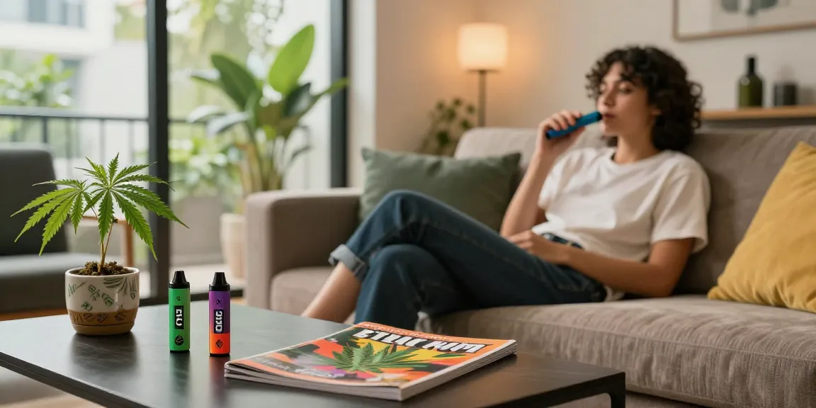 Person enjoying a thc vape in a stylish urban apartment with cannabis accents.
